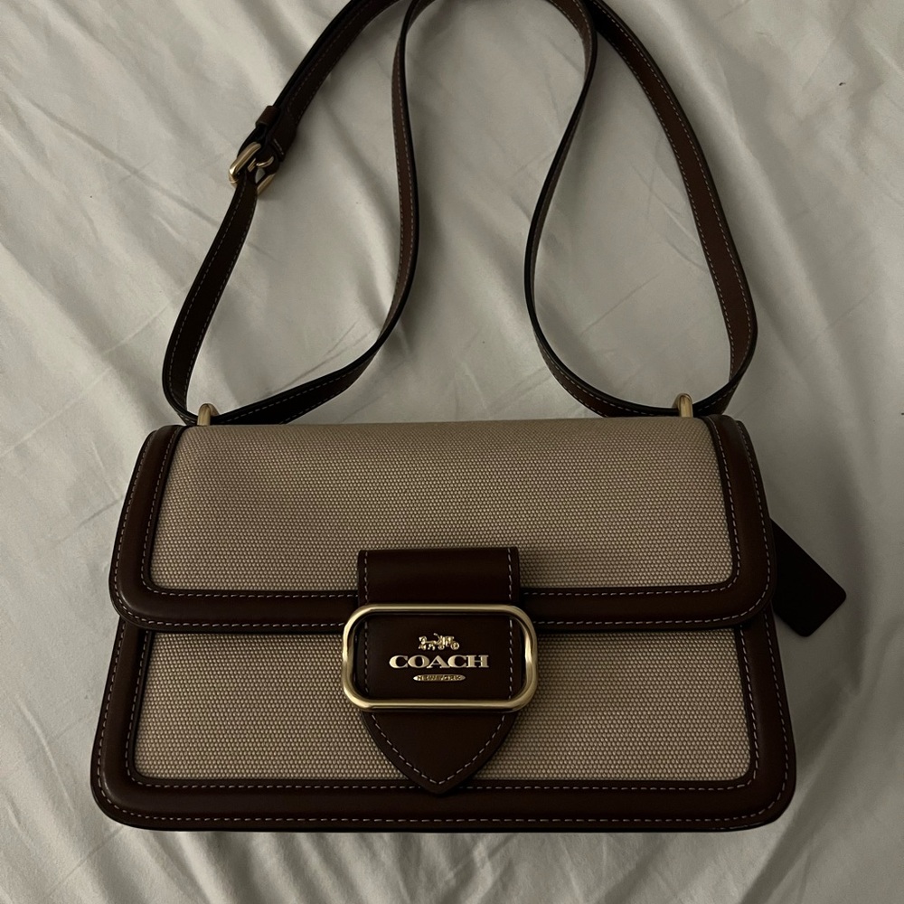 Coach Brown and Cream Crossbody Bag with Flap Closure
